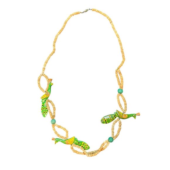 Wood Beaded Peacock Double Looped Barrel Clasp Long Necklace - Picture 1 of 7